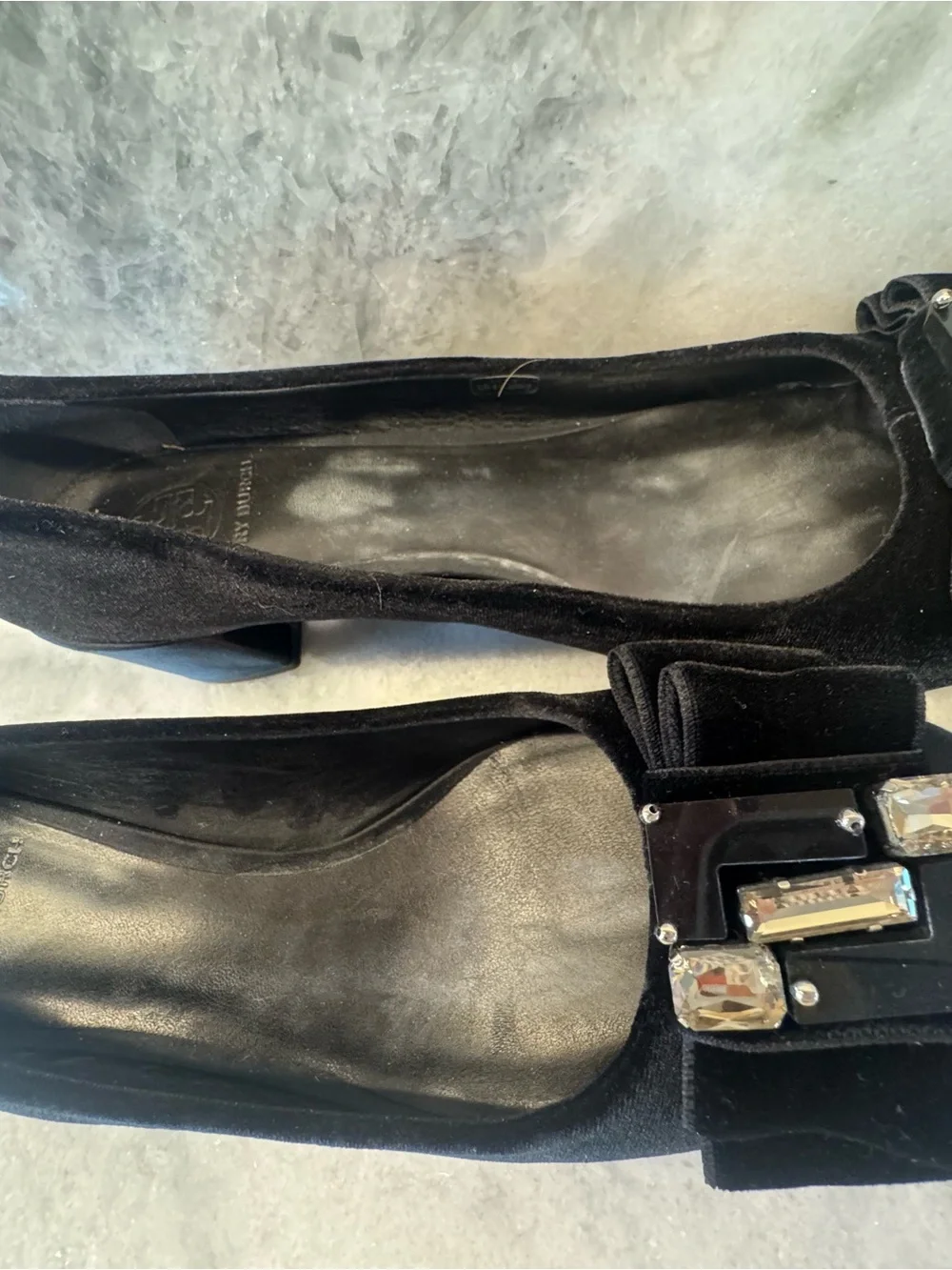 Tory Burch Black Velvet Jewel Bow Chunky Heel Pumps